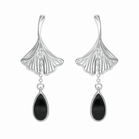 Sterling Silver Whitby Jet Teardrop Ginkgo Biloba Leaf Drop Earrings
