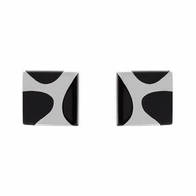 Sterling Silver Whitby Jet Three Stone Square Stud Earrings