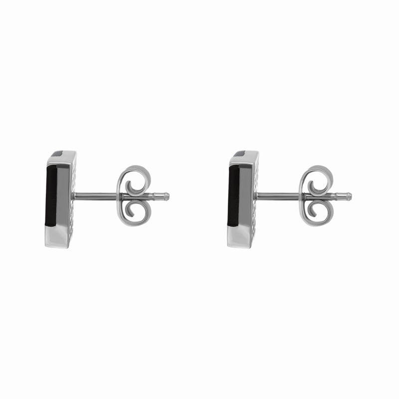 Sterling Silver Whitby Jet Three Stone Square Stud Earrings