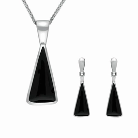 Sterling Silver Whitby Jet Triangle Drop Necklace and Earring Set