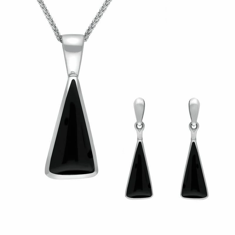 Sterling Silver Whitby Jet Triangle Drop Necklace and Earring Set