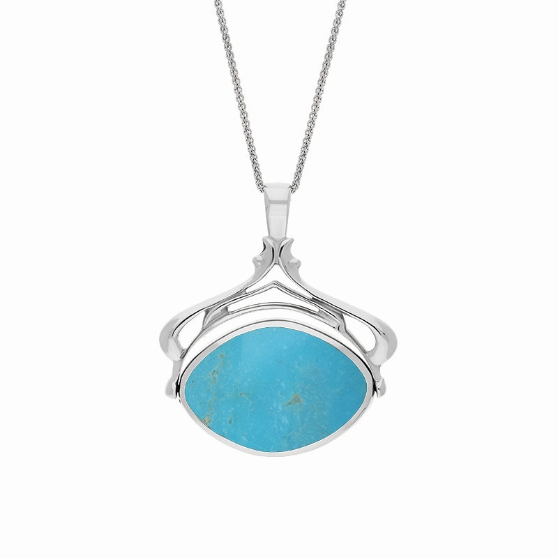 Sterling Silver Whitby Jet Turquoise Marquise Swivel Fob Necklace