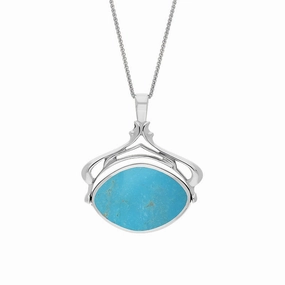 Sterling Silver Whitby Jet Turquoise Marquise Swivel Fob Necklace