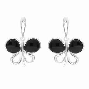 Sterling Silver Whitby Jet Two Stone Butterfly Drop Earrings