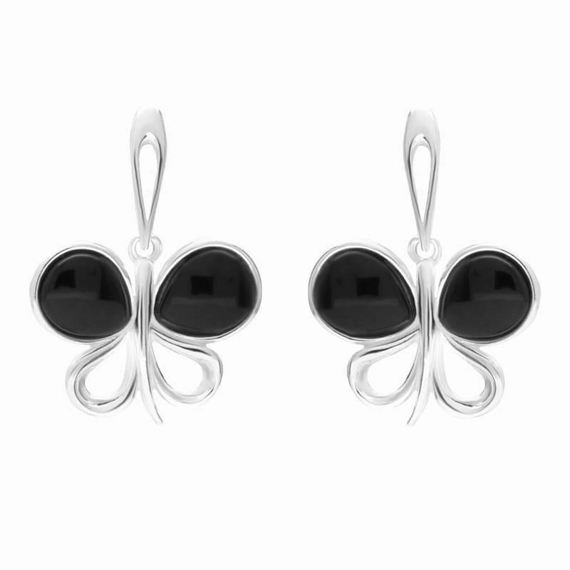 Sterling Silver Whitby Jet Two Stone Butterfly Drop Earrings