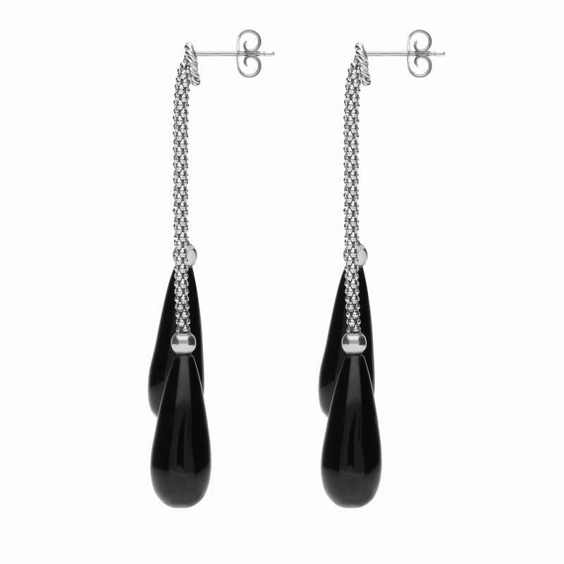Sterling Silver Whitby Jet Two Stone Knot Drop Earrings D
