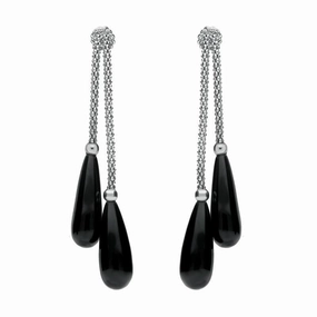 Sterling Silver Whitby Jet Two Stone Knot Drop Earrings D