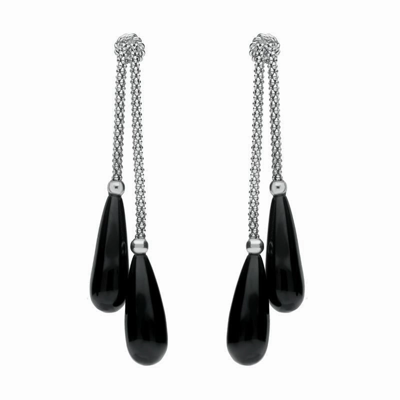 Sterling Silver Whitby Jet Two Stone Knot Drop Earrings D