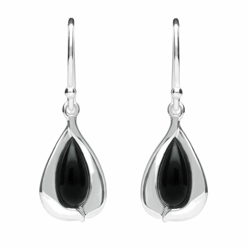 Sterling Silver Whitby Jet Wide Edge Pear Hook Earrings