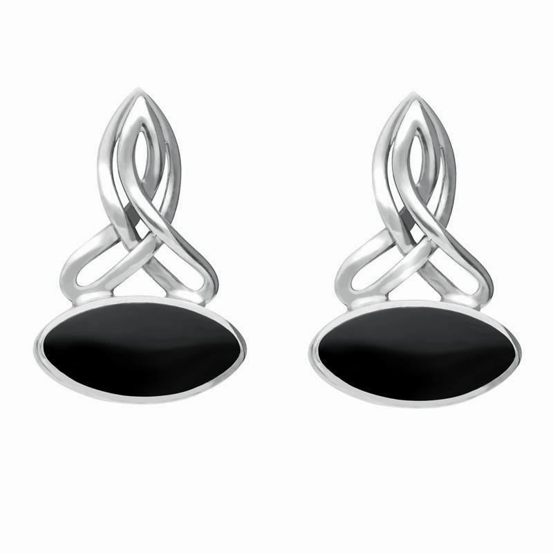 Sterling Silver Whitby Jet Wide Marquise Celtic Stud Earrings