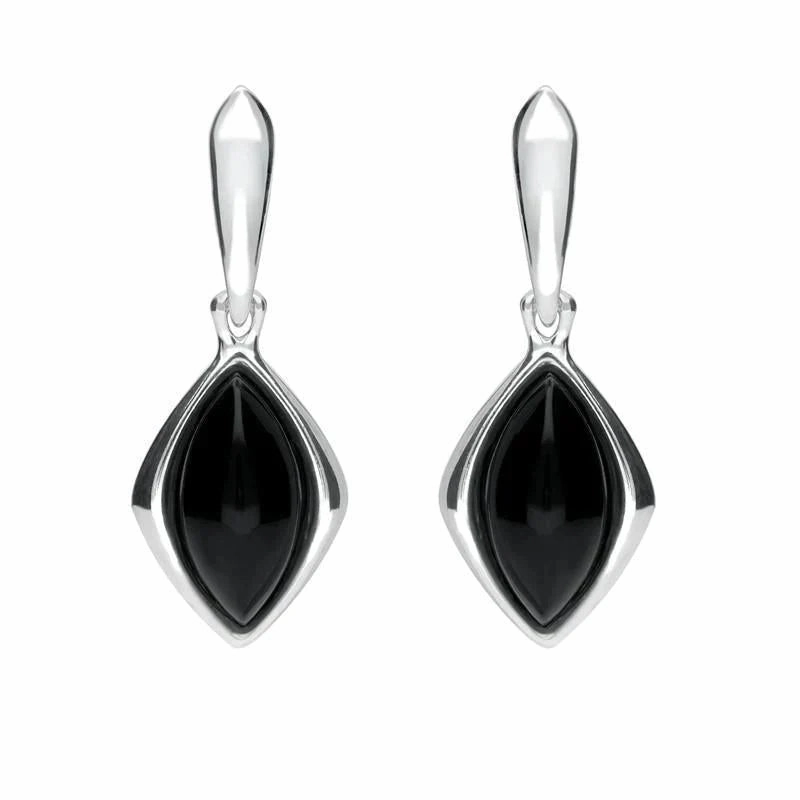 Sterling Silver Whitby Jet Wide Marquise Open Back Drop Earrings