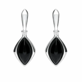 Sterling Silver Whitby Jet Wide Marquise Open Back Drop Earrings