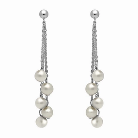 Sterling Silver White Pearl Beaded Tassel Drop Earrings