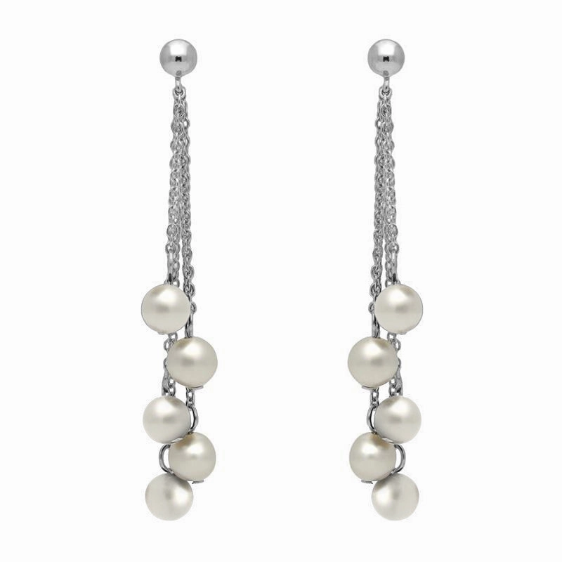 Sterling Silver White Pearl Beaded Tassel Drop Earrings