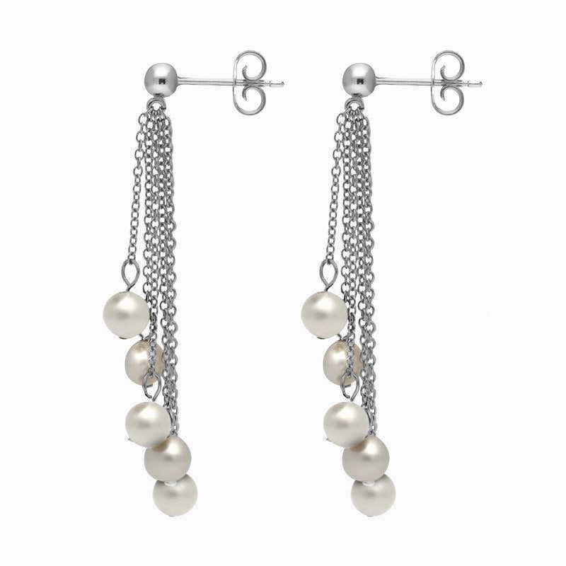 Sterling Silver White Pearl Beaded Tassel Drop Earrings