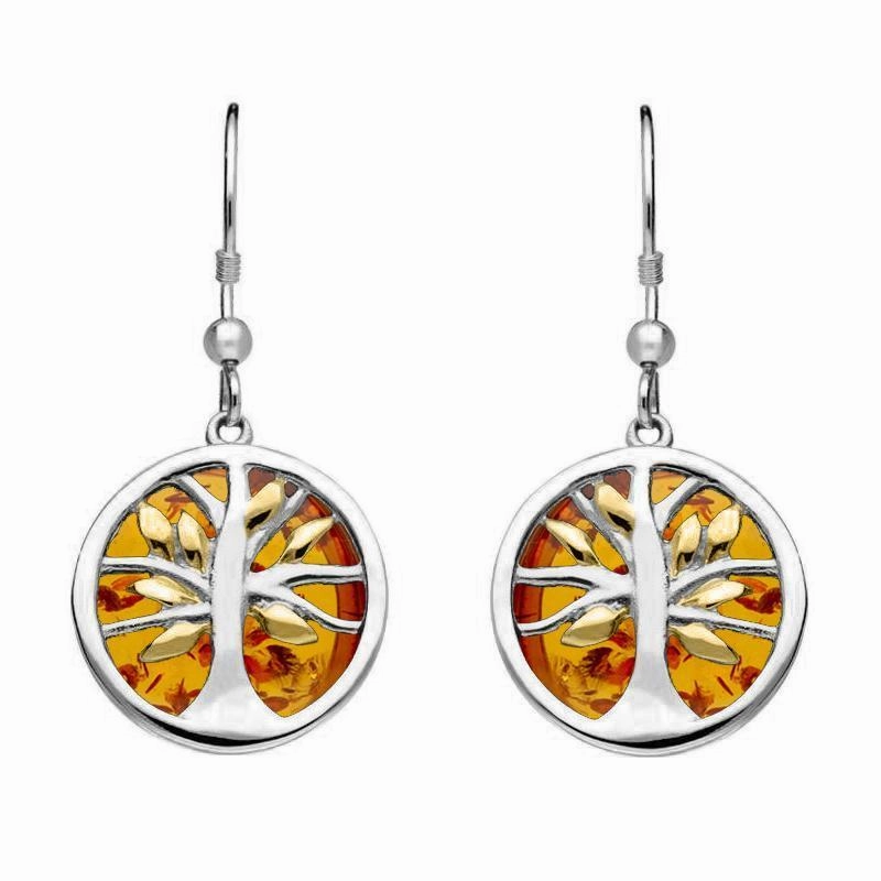 Sterling Silver Yellow Gold Plate Amber Round Tree of Life Drop Earrings