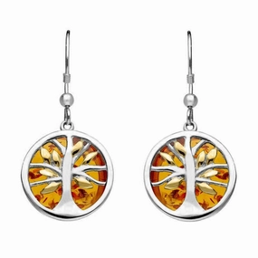 Sterling Silver Yellow Gold Plate Amber Round Tree of Life Drop Earrings
