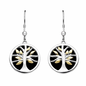 Sterling Silver Yellow Gold Plate Whitby Jet Round Tree of Life Drop Earrings