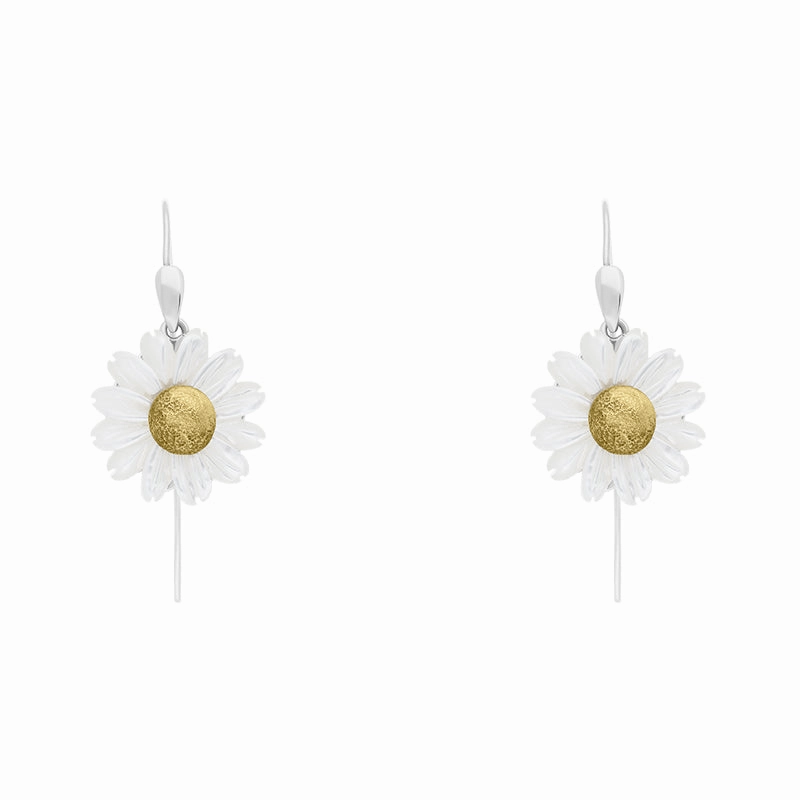 Sterling Silver Yellow Gold White Mother Of Pearl Tuberose 21mm Daisy Earrings