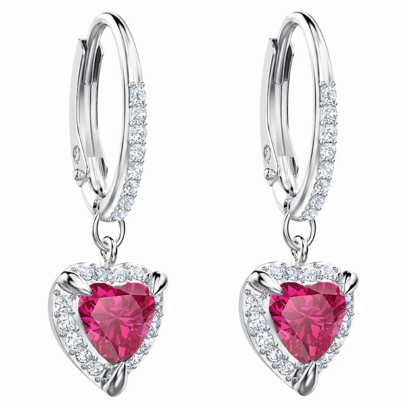 Swarovski One Red Crystal Hearts Rhodium Plated Drop Earrings