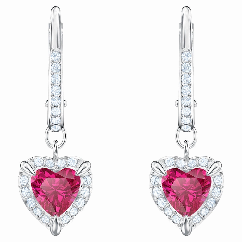 Swarovski One Red Crystal Hearts Rhodium Plated Drop Earrings