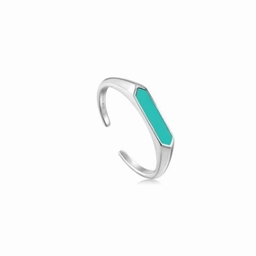 Teal Enamel Bar Silver Adjustable Ring R028-02H-T