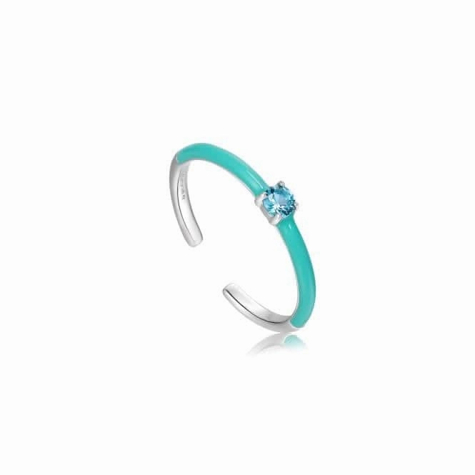 Teal Enamel Silver Adjustable Ring R028-03H-T