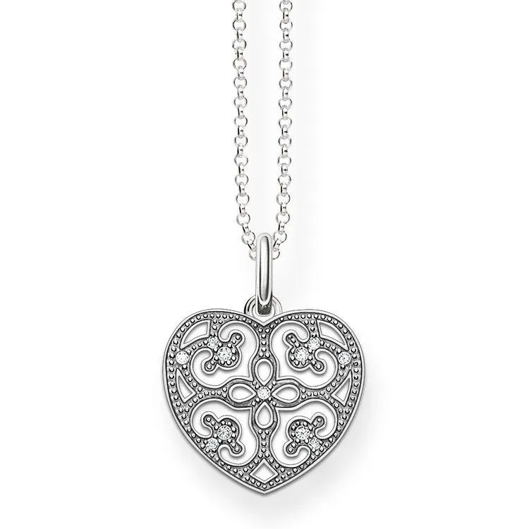 Thomas Sabo Glam And Soul Sterling Silver White Zirconia Ornament Heart Necklace D