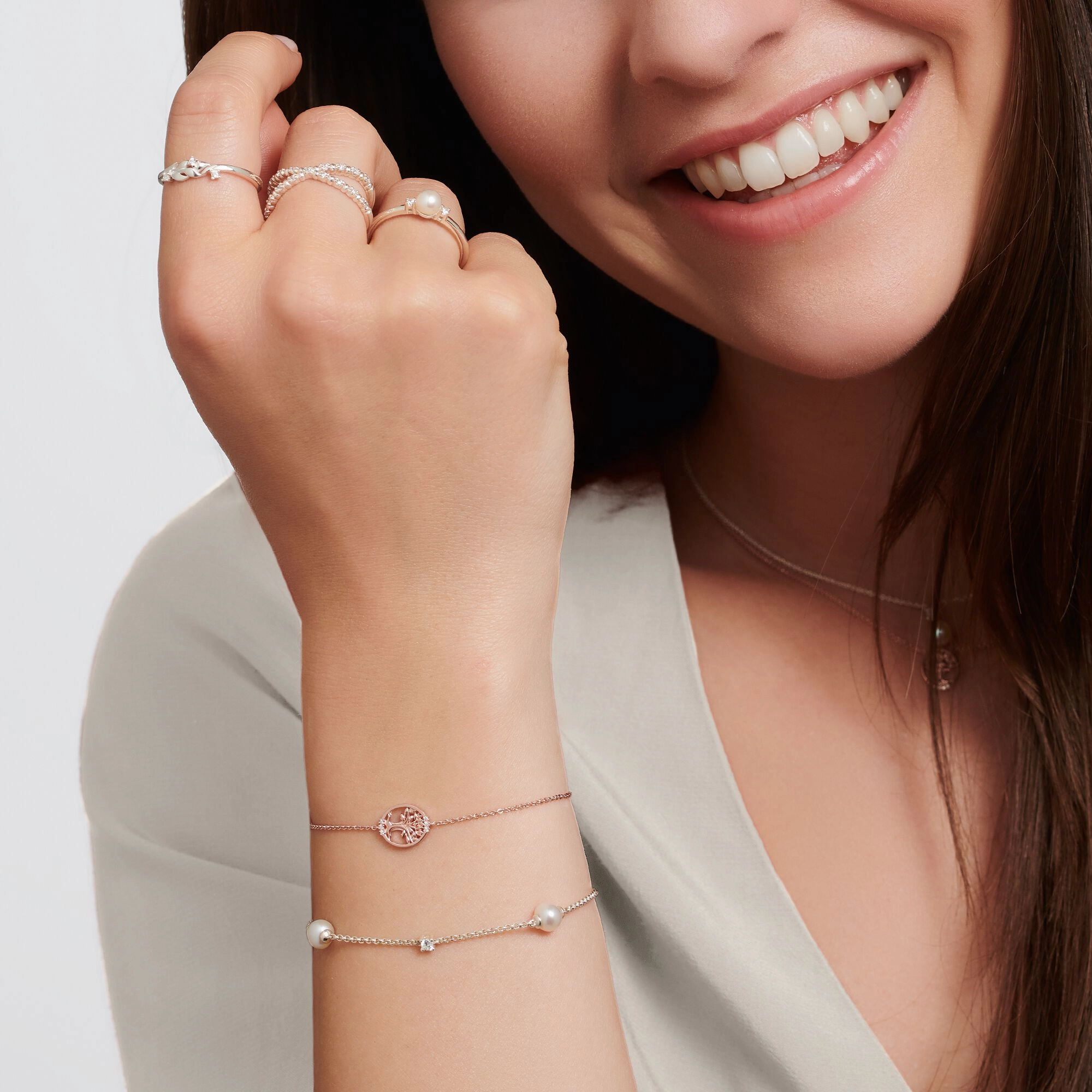 Thomas Sabo Charm Club Sterling Silver Pearl White Stones Bracelet