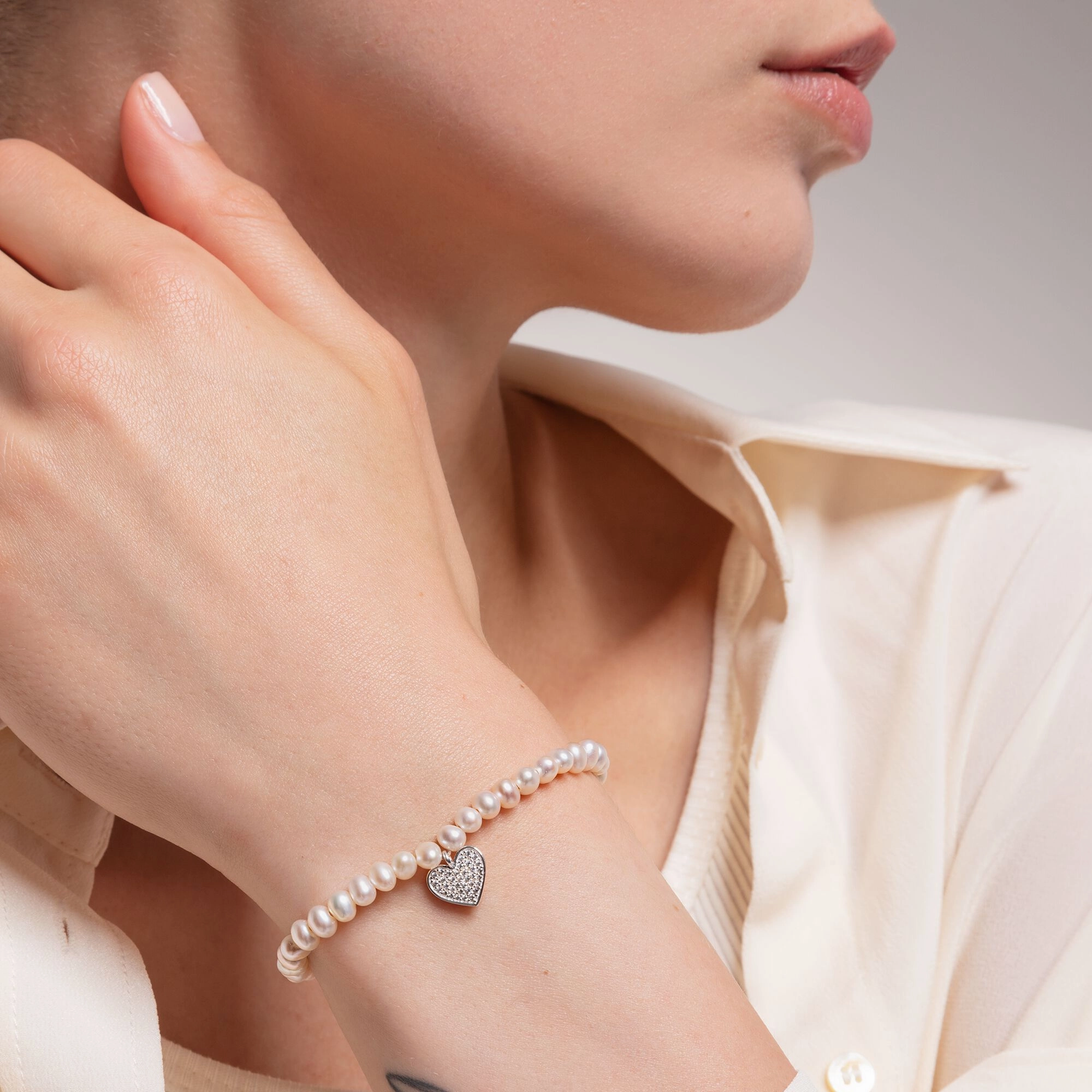 Thomas Sabo Sterling Silver Pearl Pave Heart Bracelet