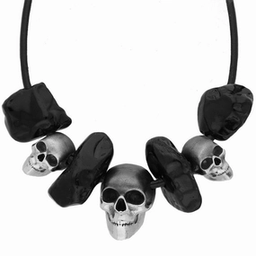 Unique Gothic Whitby Jet Necklace Graduating Skulls Sterling Silver