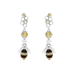 Yellow Gold Plated Sterling Silver Amber Bee and Honeycomb Earrings