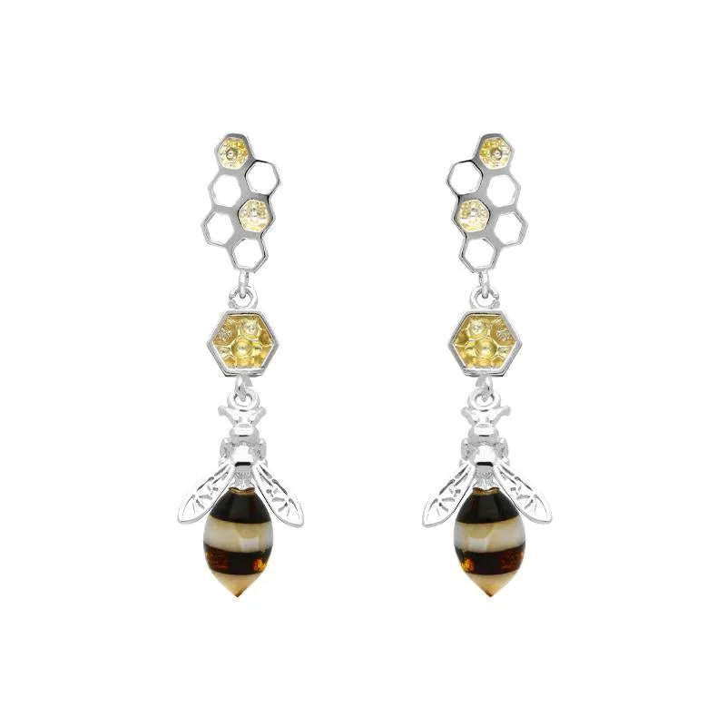 Yellow Gold Plated Sterling Silver Amber Bee and Honeycomb Earrings