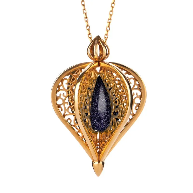 Yellow Gold Plated Sterling Silver Blue Goldstone Flore Filigree Droplet Necklace