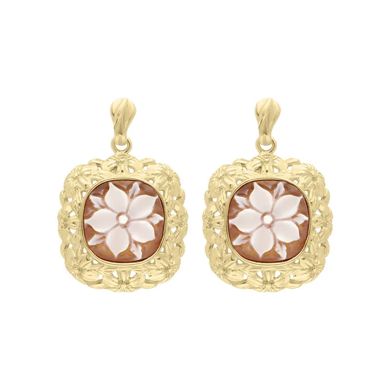 Yellow Gold Plated Sterling Silver Cameo Floral Framed Cushion Drop Earrings D