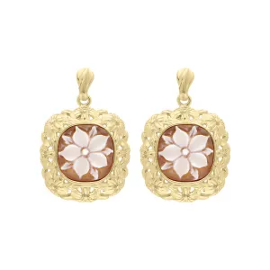 Yellow Gold Plated Sterling Silver Cameo Floral Framed Cushion Drop Earrings D