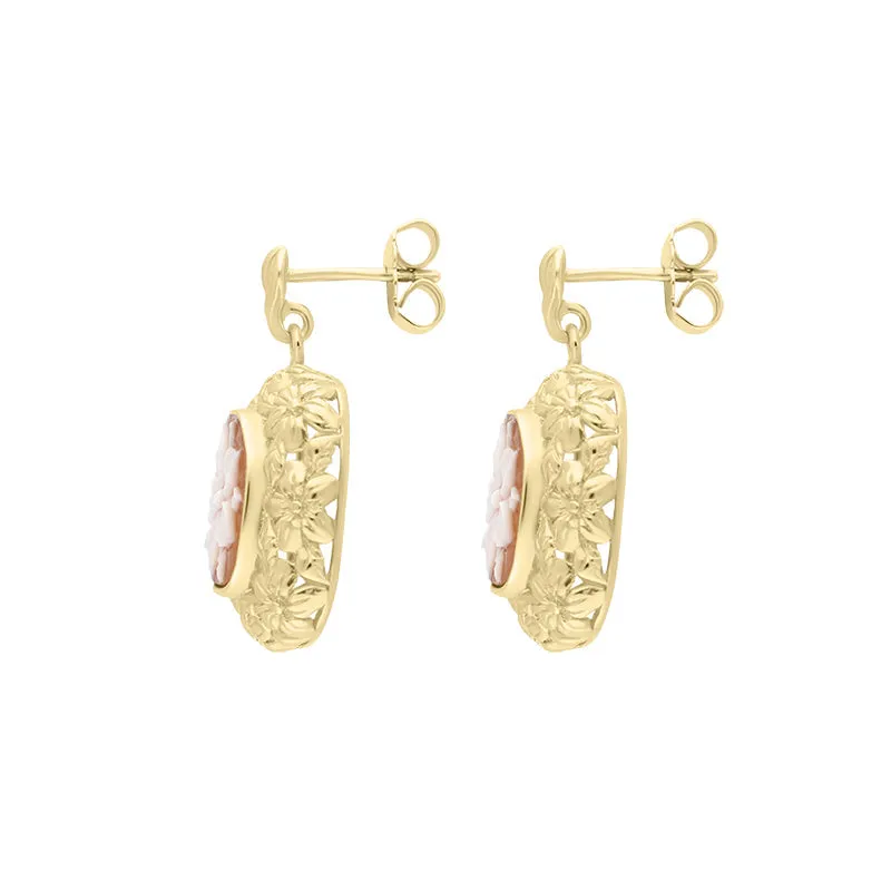 Yellow Gold Plated Sterling Silver Cameo Floral Framed Cushion Drop Earrings D