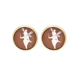 Yellow Gold Plated Sterling Silver Cameo Round Fairy Stud Earrings D