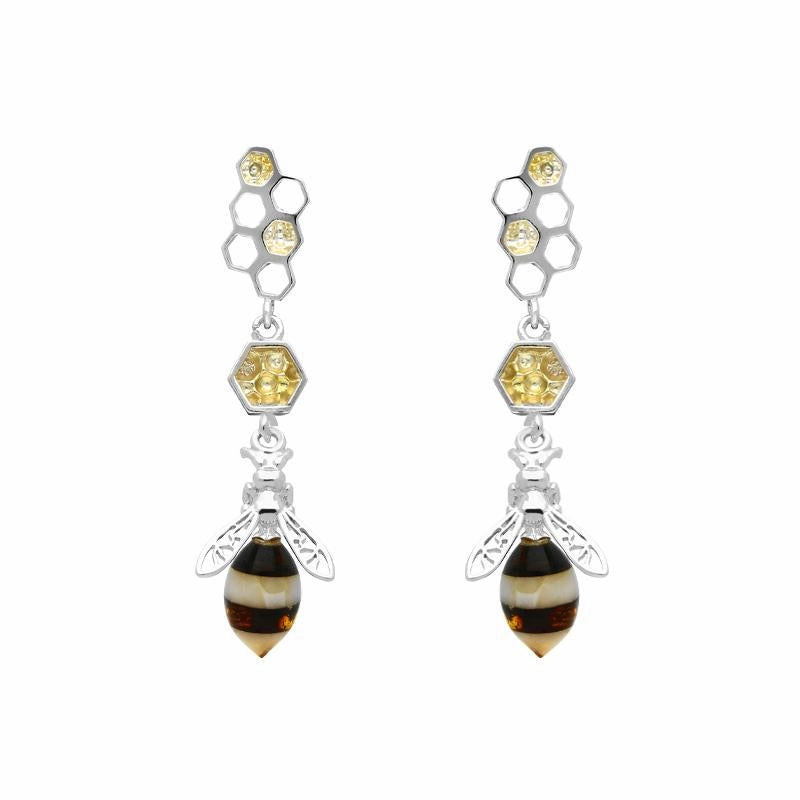 Yellow Gold Plated Sterling Silver Amber Bee and Honeycomb Earrings