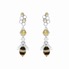 Yellow Gold Plated Sterling Silver Amber Bee and Honeycomb Earrings