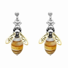 Yellow Gold Plated Sterling Silver Amber Bee Drop Earrings