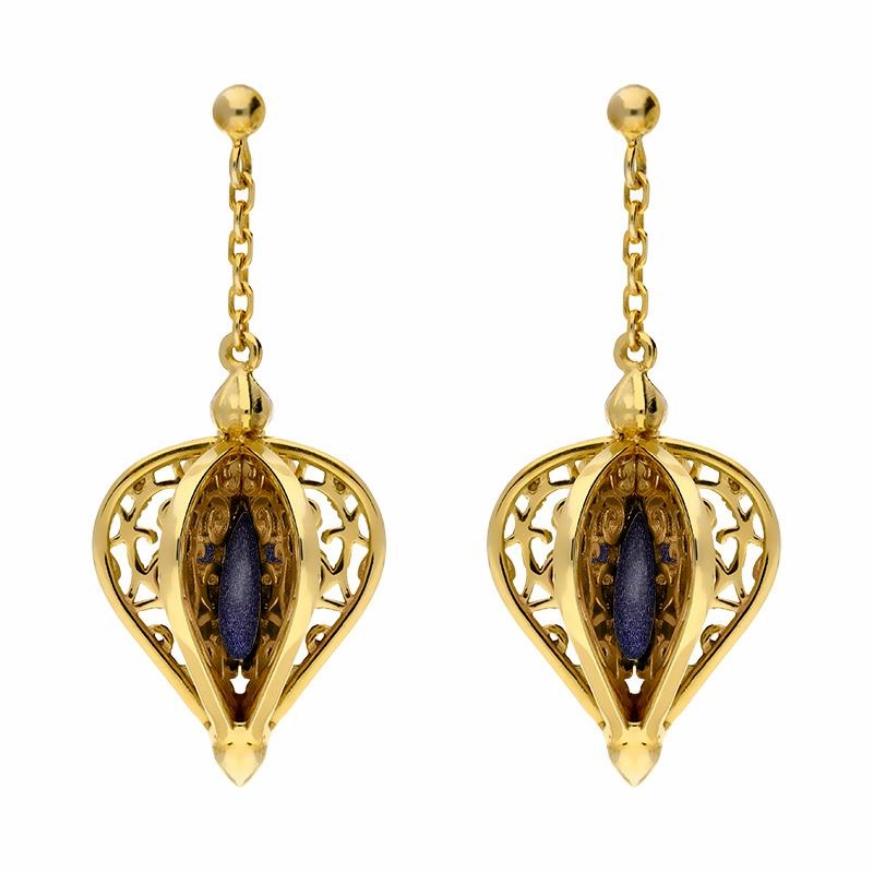 Yellow Gold Plated Sterling Silver Blue Goldstone Flore Filigree Drop Earrings