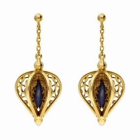 Yellow Gold Plated Sterling Silver Blue Goldstone Flore Filigree Drop Earrings
