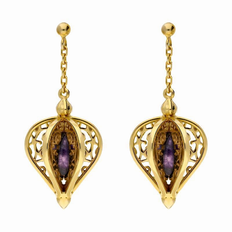Yellow Gold Plated Sterling Silver Blue John Flore Filigree Drop Earrings D