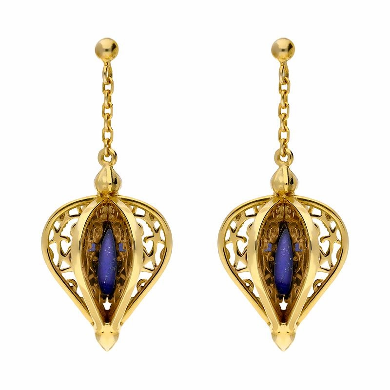 Yellow Gold Plated Sterling Silver Lapis Lazuli Flore Filigree Drop Earrings