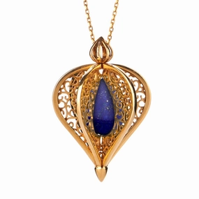 Yellow Gold Plated Sterling Silver Lapis Lazuli Flore Filigree Droplet Necklace