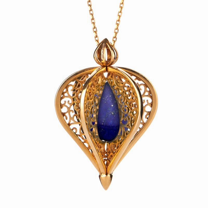 Yellow Gold Plated Sterling Silver Lapis Lazuli Flore Filigree Droplet Necklace