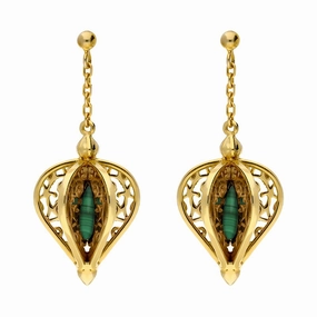 Yellow Gold Plated Sterling Silver Malachite Flore Filigree Drop Earrings