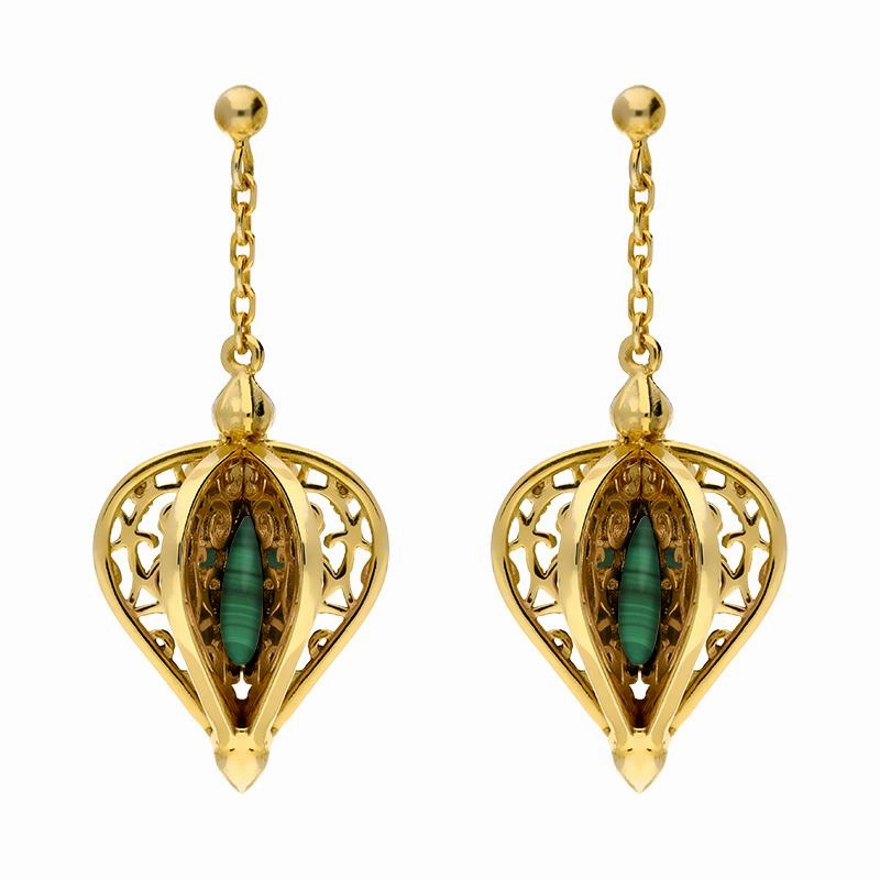 Yellow Gold Plated Sterling Silver Malachite Flore Filigree Drop Earrings