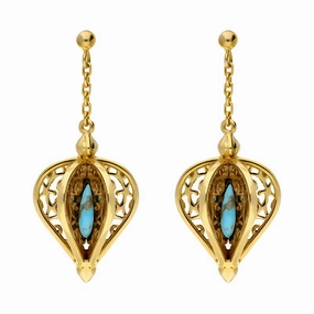 Yellow Gold Plated Sterling Silver Turquoise Flore Filigree Drop Earrings